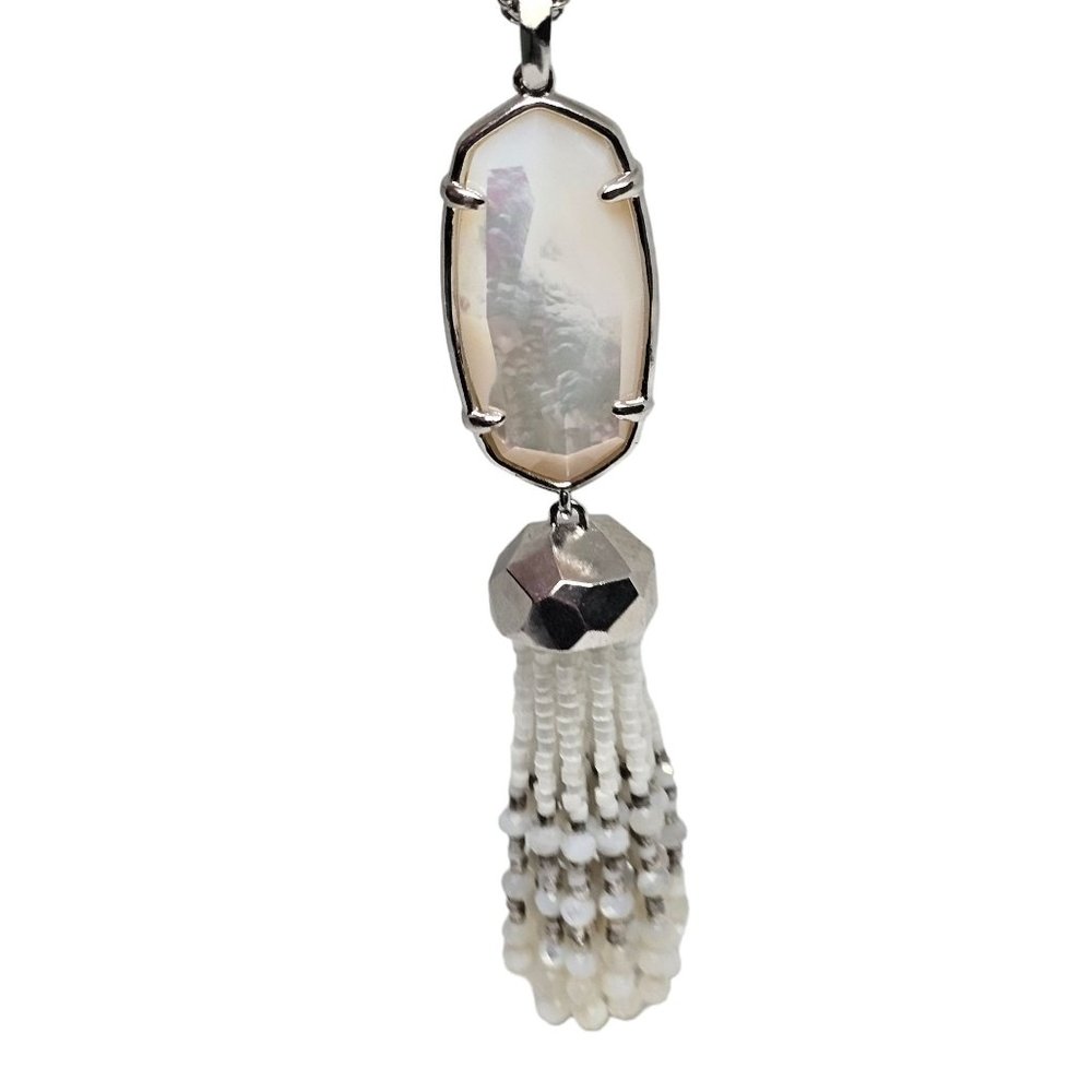 Kendra Scott Eva Necklace White Mother Of Pearl Long Tassel Pedant Beaded Silver - Picture 2 of 12